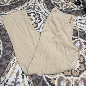 Womens Beige Drawstring Linen-Blend Pants